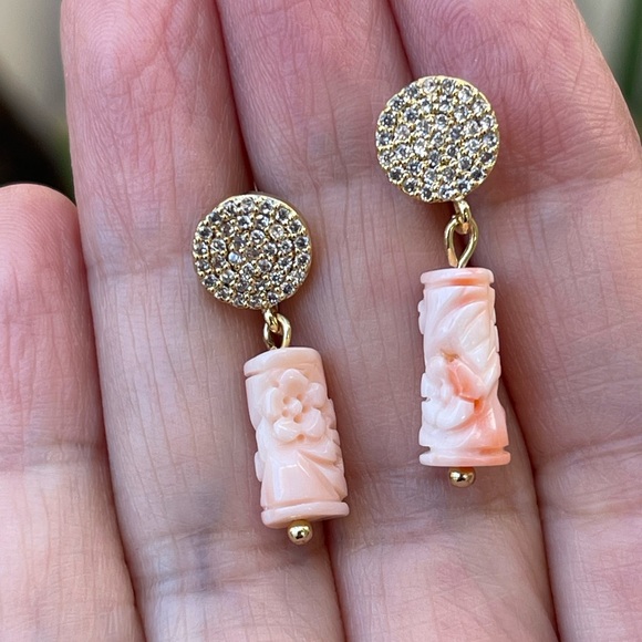 Vintage Jewelry - Hand carved undyed angel skin coral bezel set diamanté gold tone drop earrings